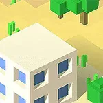 砂漠の中に白い立方体の建物と木や岩が配置されたボクセルスタイルの風景。