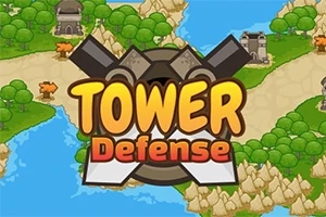 カラフルなマップの上に「Tower Defense」というテキストが中心に配置されたデザイン。