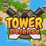 カラフルなマップの上に「Tower Defense」というテキストが中心に配置されたデザイン。