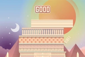ピラミッドと太陽を背景にした積み重ねられた建物の上に「GOOD」と表示されているイラスト。