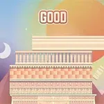 ピラミッドと太陽を背景にした積み重ねられた建物の上に「GOOD」と表示されているイラスト。
