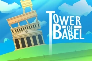 青空の下、傾いた古典的な建物と「TOWER OF BABEL」という文字が描かれたイラスト。