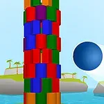 カラフルなブロックでできた円柱と、それに向かって飛んでいる青い球、背景には海と島が見える。