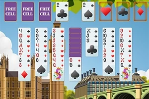 ロンドンのビッグベンとタワーブリッジを背景に、カードが並べられている画面。