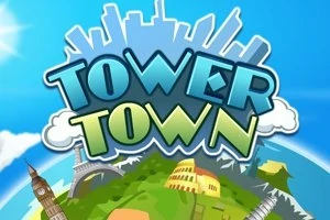 青空の下、地球の上に様々な有名なランドマークと「TOWER TOWN」という文字が描かれたイラスト。
