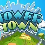 青空の下、地球の上に様々な有名なランドマークと「TOWER TOWN」という文字が描かれたイラスト。