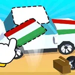 白い車にイタリア国旗のステッカーを貼っている様子と交換用タイヤが描かれている。