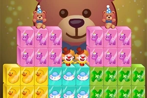 クマのぬいぐるみが背景にあり、カラフルなブロックと小さな玩具が並んでいるイラスト。