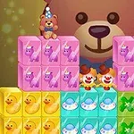 クマのぬいぐるみが背景にあり、カラフルなブロックと小さな玩具が並んでいるイラスト。