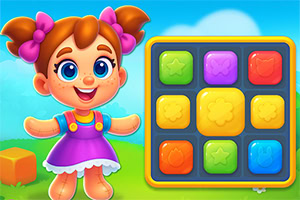 カラフルなブロックパズルの隣で微笑む紫とピンクの服を着た可愛い女の子。