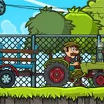 緑のフィールドでトラクターを運転するキャラクターがフェンスの前を移動している。