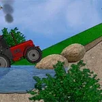 水辺で赤いトラクターが岩に登る様子と背景に風車が描かれている風景。