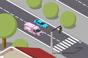 ピンク色のバンと青い車が道路上を走行しており、信号と横断歩道がある。