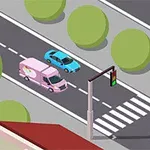 ピンク色のバンと青い車が道路上を走行しており、信号と横断歩道がある。