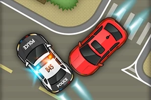 赤い車と警察の車が交差点で接触しそうになっている様子。