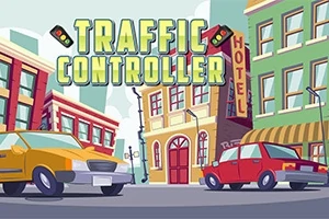 カラフルな街並みに赤い車と黄色い車が走っているアニメ風のイラスト。