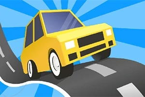 青い背景に黄色い車がカーブした道路を走っているイラスト。