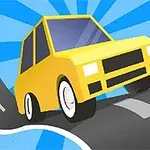 青い背景に黄色い車がカーブした道路を走っているイラスト。