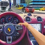 車の運転席から見た赤いハンドルと都市の交通風景。