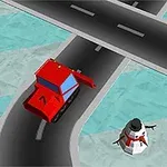 赤いブルドーザーと緑の車が交差する道路、道路脇には雪だるまがある光景。