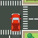 交差点でオレンジの車と赤い車が止まっている様子のイラスト。