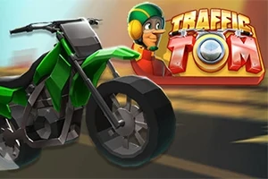 緑色のバイクと笑顔のキャラクターが描かれたカラフルなロゴのイラスト。