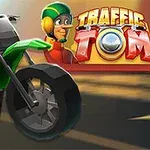 緑色のバイクと笑顔のキャラクターが描かれたカラフルなロゴのイラスト。