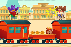 列車の上で保安官とカウボーイが対峙しているアニメーション風のイラスト。