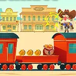 列車の上で保安官とカウボーイが対峙しているアニメーション風のイラスト。