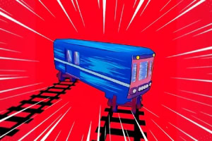 赤い背景に青い電車がレールの上を走っているイラスト。