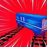 赤い背景に青い電車がレールの上を走っているイラスト。