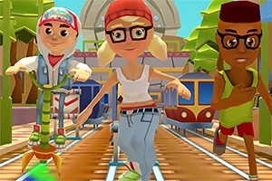 カラフルな服を着た3人のキャラクターが電車の線路上で走っている。