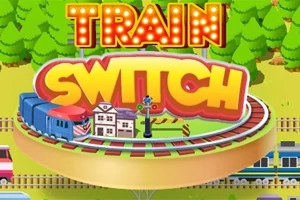カラフルな円形の鉄道と「TRAIN SWITCH」の文字が表示されているイラスト。