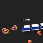 黒い背景に、青と白の電車とオレンジ色のキャラクターが表示されている。