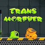 緑色とオレンジ色のスライムのキャラクターが研究所の背景の前に立っているイラスト。
