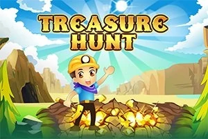 冒険家のキャラクターが金色の宝の山の隣に立っているカラフルな背景のイラスト。