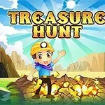 冒険家のキャラクターが金色の宝の山の隣に立っているカラフルな背景のイラスト。