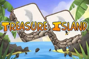 海とヤシの木に囲まれた岩の構造物に「TREASURE ISLAND」と書かれた明るいデザイン。