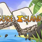 海とヤシの木に囲まれた岩の構造物に「TREASURE ISLAND」と書かれた明るいデザイン。