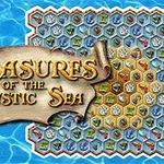 青い水の背景に、六角形のマスに様々な色と模様のタイルが並んでいる。