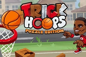 バスケットボールを持つキャラクターと「Trick Hoops Puzzle Edition」というロゴが描かれたイラスト。