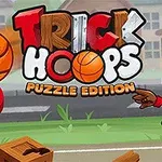 バスケットボールを持つキャラクターと「Trick Hoops Puzzle Edition」というロゴが描かれたイラスト。