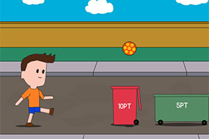 青い空の下で、オレンジ色のボールを蹴る少年と「10PT」と「5PT」と書かれたゴミ箱が並んでいます。