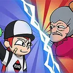 若い少年と年配の女性が向かい合って対決しているイラスト。