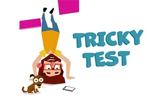 逆立ちをしている赤い眼鏡の女性と犬、そして「TRICKY TEST」という文字。