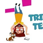 逆立ちをしている赤い眼鏡の女性と犬、そして「TRICKY TEST」という文字。