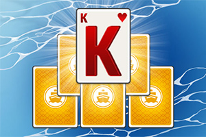 青い水模様の背景に、中央に赤いハートのKのカードとその後ろに裏返しの黄色いカードが5枚並んでいる。