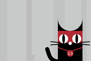 黒猫のイラストで、赤いマスクを付け、首に「13」と書かれたペンダントを掛けている。