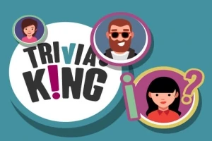 青い背景に「TRIVIA KING」と書かれた白い円形ロゴと人物のイラストが3つ配置されている。