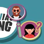 青い背景に「TRIVIA KING」と書かれた白い円形ロゴと人物のイラストが3つ配置されている。